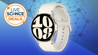 Samsung galaxy watch 6 on a blue background with live science deals logo in the top left