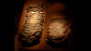 Woven sagebrush sandals unearthed from Fort Rock Cave, Lake County, Oregon, United States, on exhibit at the Oregon Historical Society Museum in Portland